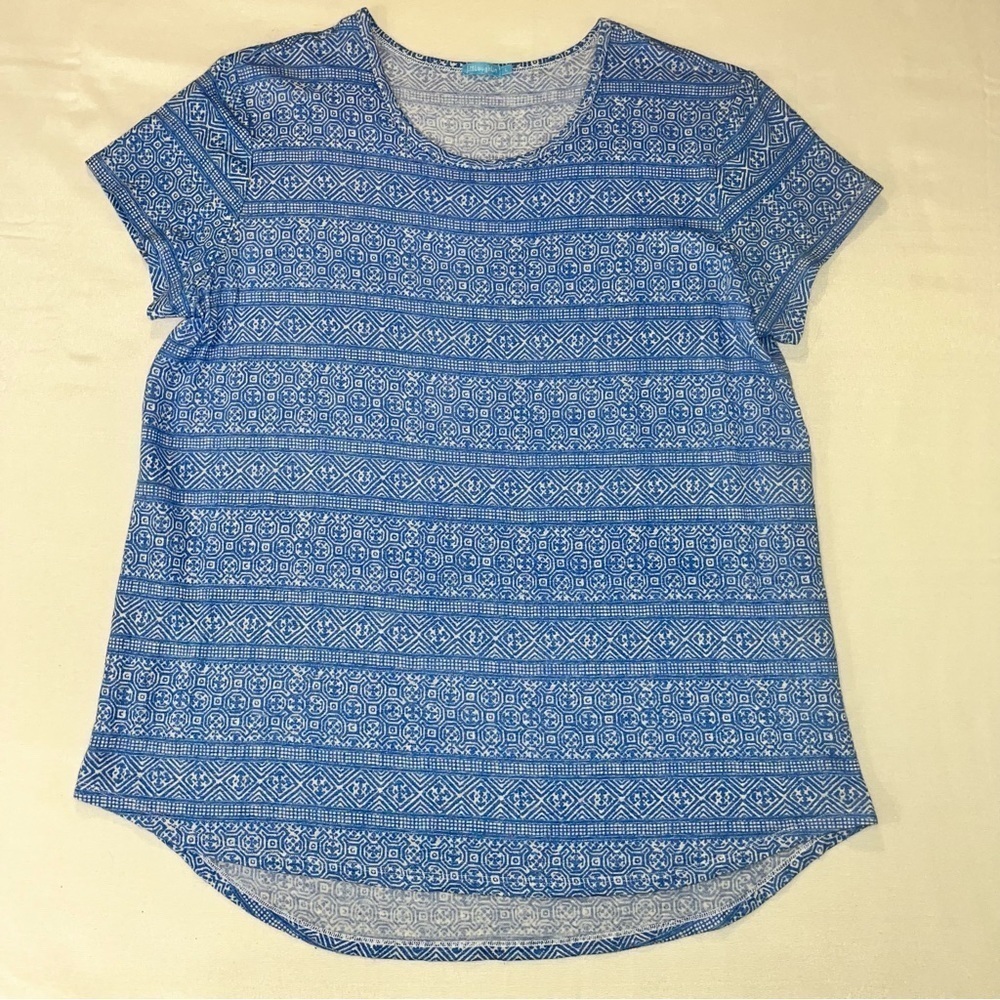 J. MCLAUGHLIN Short Sleeve Scoop Neck Blouse Stretch‎ Linen Blend Blue Sz LG